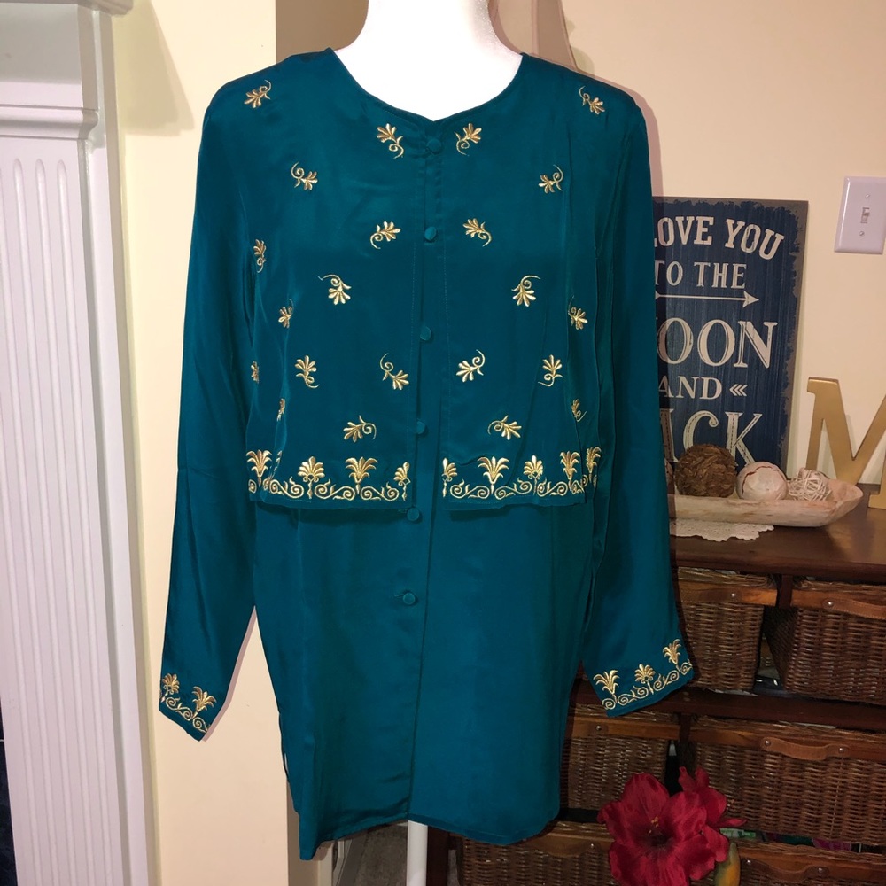Diane Von Furstenberg Green Gold Silk Top Small